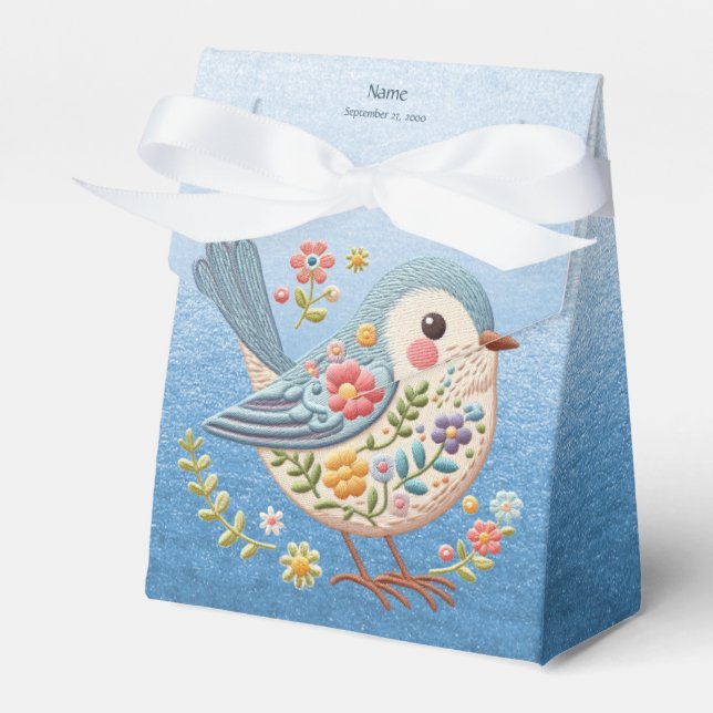 Little Bird Floral Embroidery Blue Favour Box (Front Side)