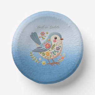 Little Bird Floral Embroidery Blue Paper Bowl Plate