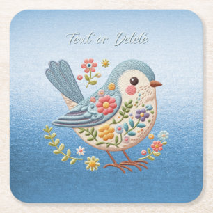 Little Bird Floral Embroidery Blue Paper Coaster