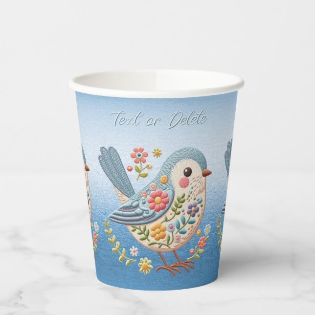 Little Bird Floral Embroidery Blue Paper Cups (Left)