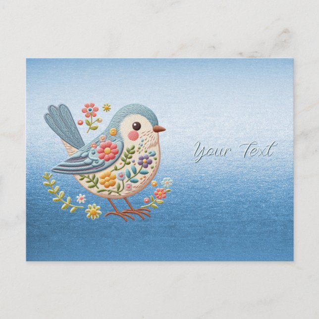 Little Bird Floral Embroidery Blue Postcard (Front)