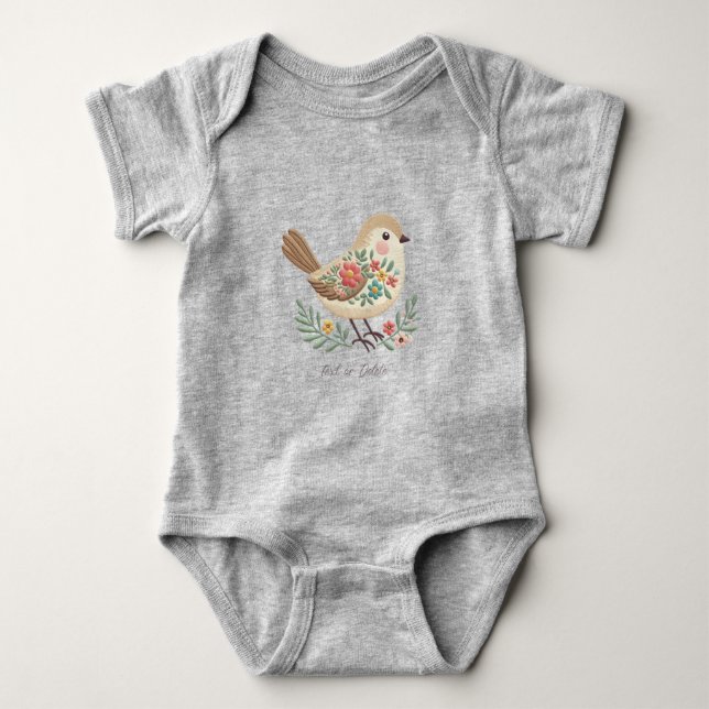 Little Bird Floral Embroidery Gold Baby Bodysuit (Front)
