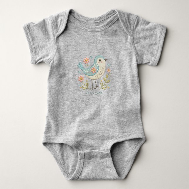 Little Bird Floral Embroidery Green Baby Bodysuit (Front)