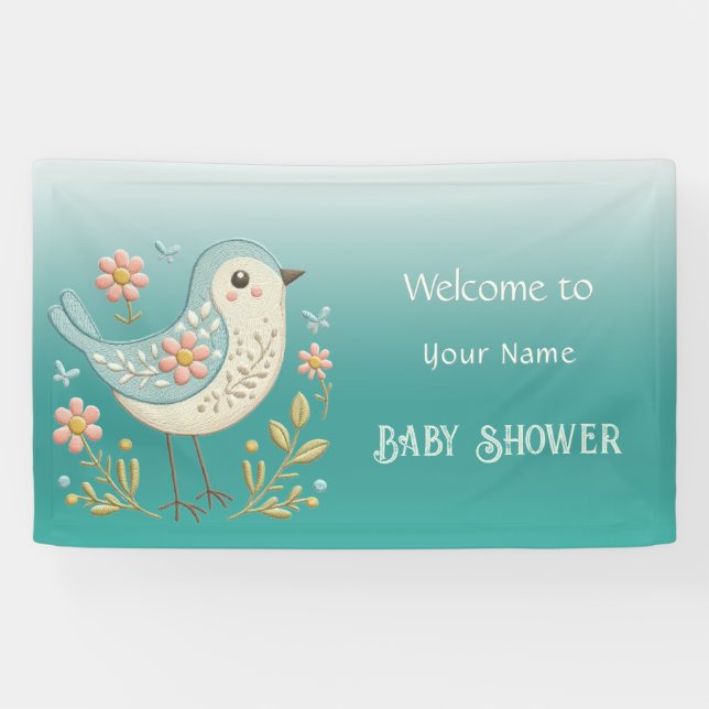 Little Bird Floral Embroidery Green Baby Shower Banner (Horizontal)