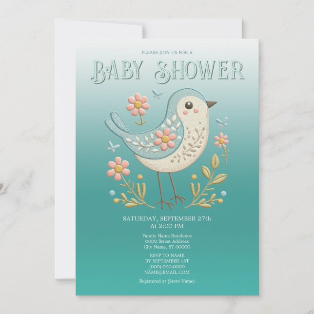 Little Bird Floral Embroidery Green Baby Shower Invitation (Front)