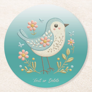 Little Bird Floral Embroidery Green Paper Coaster