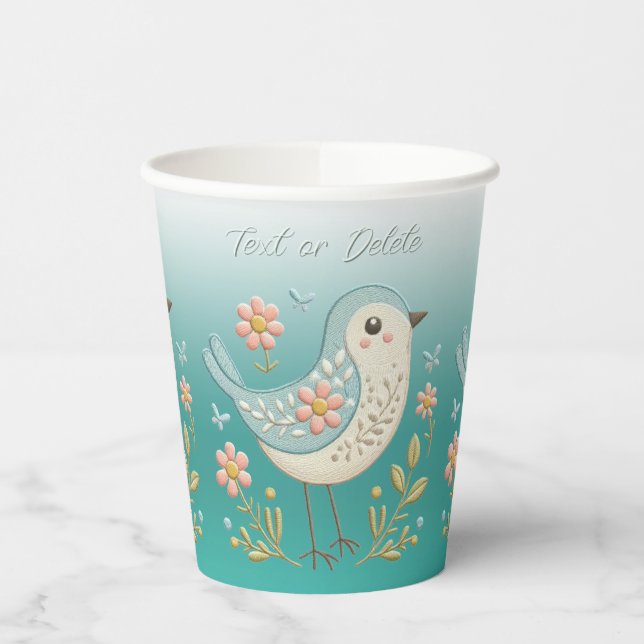 Little Bird Floral Embroidery Green Paper Cups (Left)