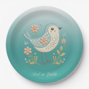 Little Bird Floral Embroidery Green Paper Plate