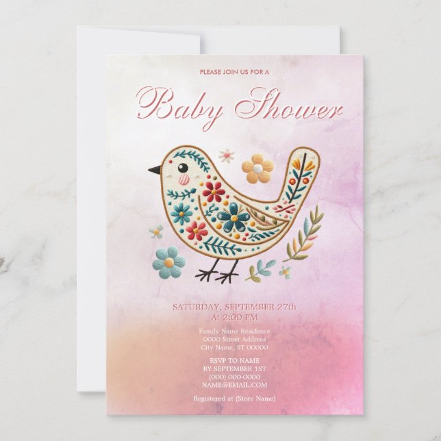 Little Bird Floral Embroidery Pink Baby Shower Invitation (Front)