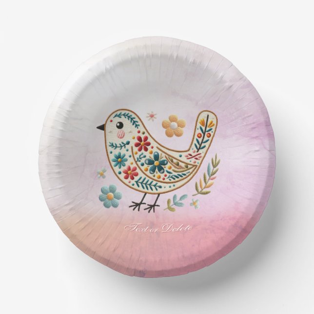 Little Bird Floral Embroidery Pink Paper Bowl Plate (Front)