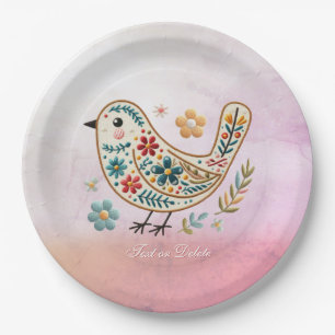 Little Bird Floral Embroidery Pink Paper Plate