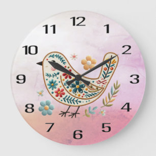 Little Bird Floral Embroidery Pink Wall Clock