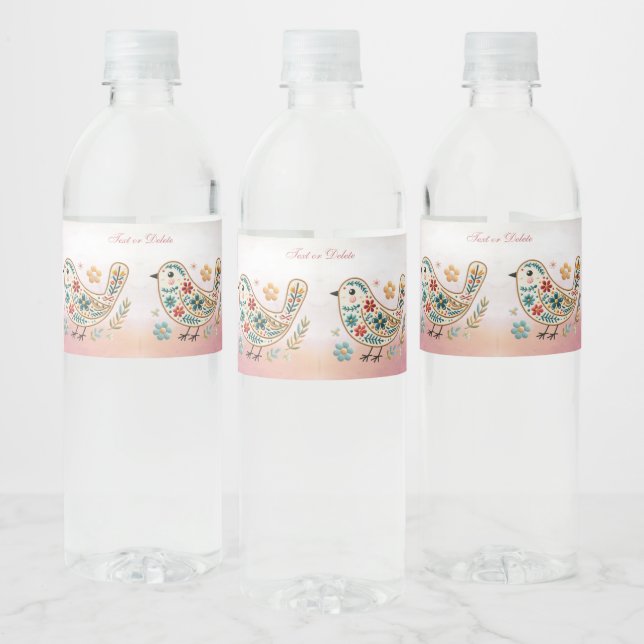 Little Bird Floral Embroidery Pink Water Bottle Label (Bottles)
