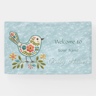 Little Bird Floral Green Leaves Baby Shower Banner