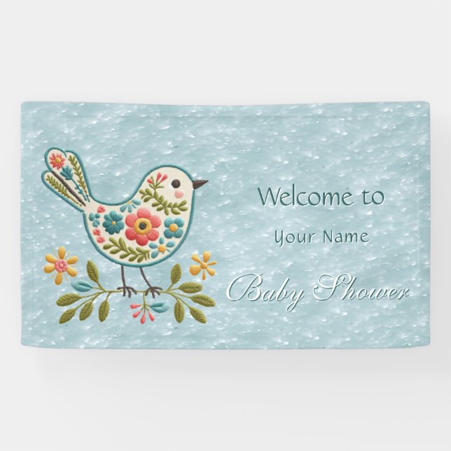 Little Bird Floral Green Leaves Baby Shower Banner (Horizontal)