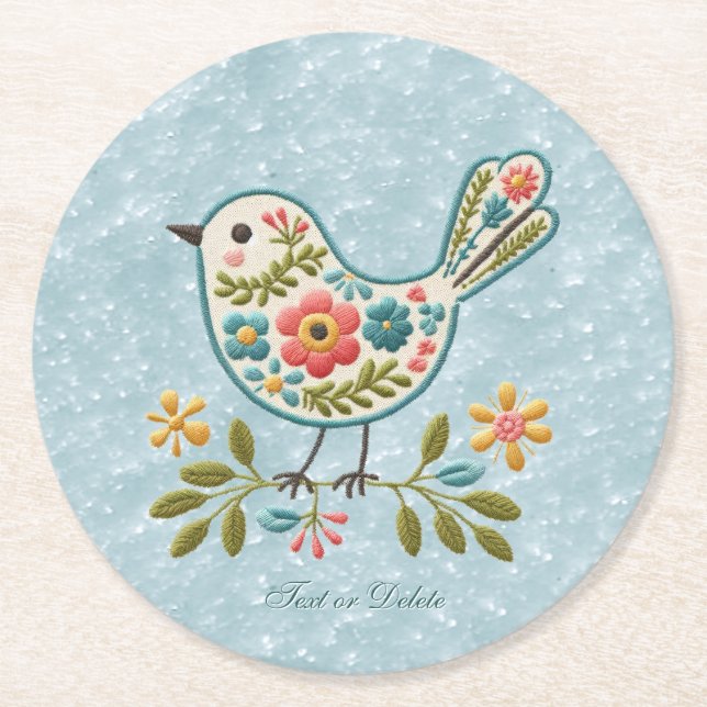 Little Bird Floral Green Leaves Paper Coaster (Front)