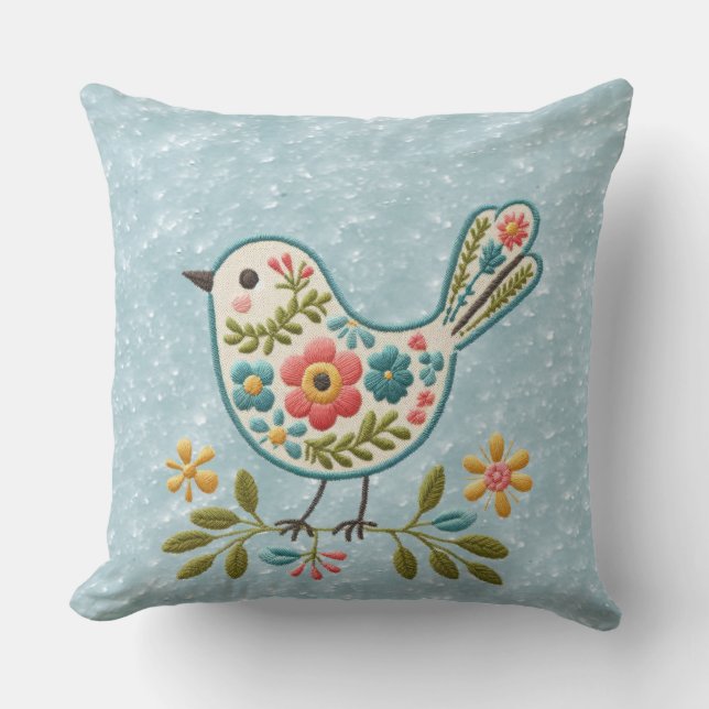 Little Bird Floral Green Leaves Throw Pillow (Front)