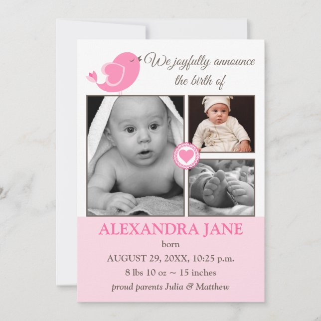 Little Bird Hearts Baby Photo Birth Announcement (Front)