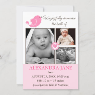 Little Bird Hearts Baby Photo Birth Announcement