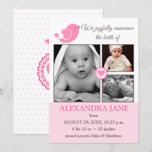 Little Bird Hearts Baby Photo Birth Announcement