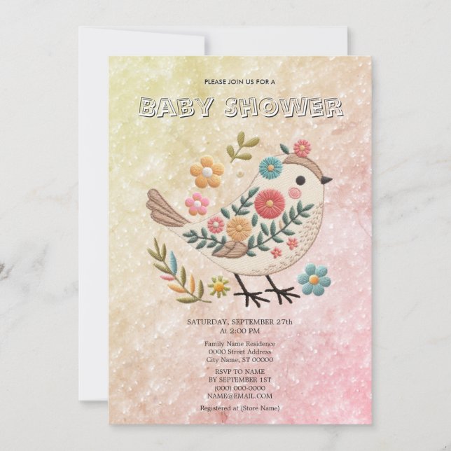 Little Bird Leaves Flowers Pink Baby Shower Invitation (Front)