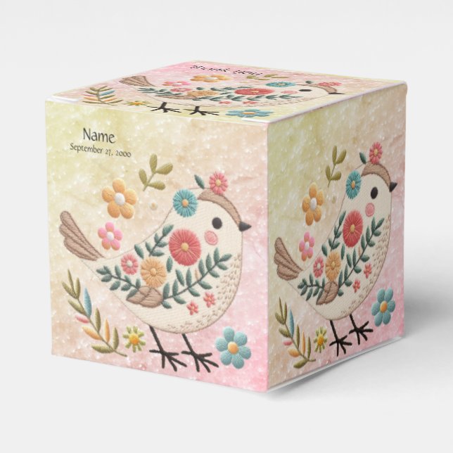 Little Bird Leaves Flowers Pink Favour Box (Front Side)