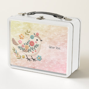 Little Bird Leaves Flowers Pink Metal Lunch Box