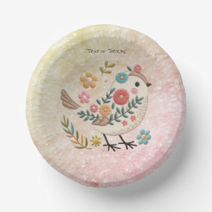 Little Bird Leaves Flowers Pink Paper Bowl Plate