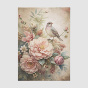 Little Bird Perched on Pretty Floral Bouquet Tissue Paper