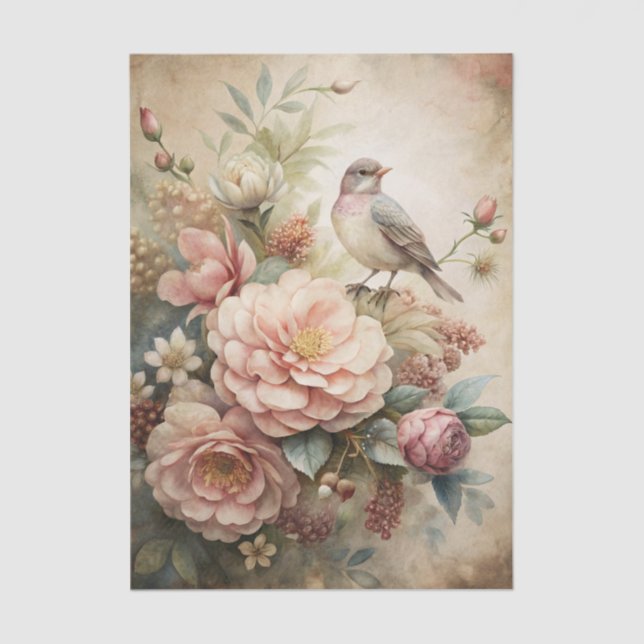 Little Bird Perched on Pretty Floral Bouquet Tissue Paper (Front)