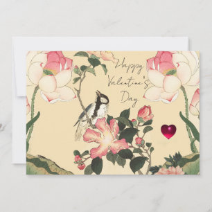 LITTLE BIRD,PINK ROSES,LOTUS FLOWER Valentine Day Holiday Card