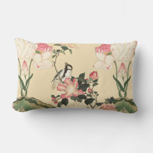 LITTLE BIRD WITH PINK ROSES AND LOTUS FLOWERS LUMBAR CUSHION