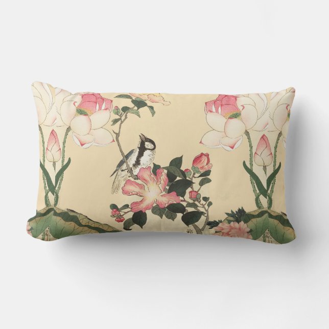 LITTLE BIRD WITH PINK ROSES AND LOTUS FLOWERS LUMBAR CUSHION (Front)