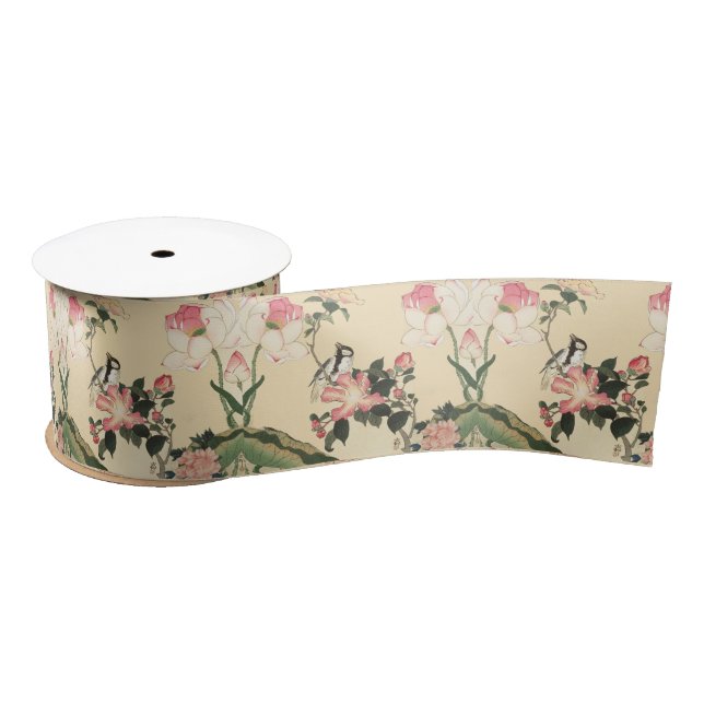 LITTLE BIRD WITH PINK ROSES AND LOTUS FLOWERS SATIN RIBBON (Spool)