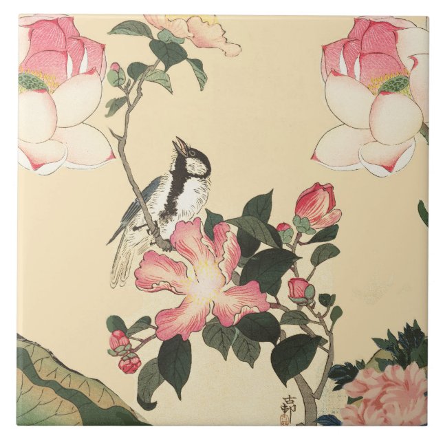 LITTLE BIRD WITH PINK ROSES AND LOTUS FLOWERS TILE (Front)
