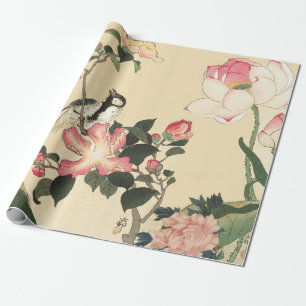 LITTLE BIRD WITH PINK ROSES AND LOTUS FLOWERS WRAPPING PAPER