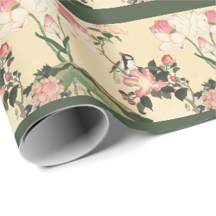 LITTLE BIRD WITH PINK ROSES AND LOTUS FLOWERS WRAPPING PAPER