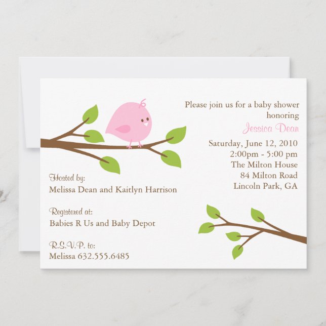 Little Birdie Baby Girl Shower Invitation (Front)
