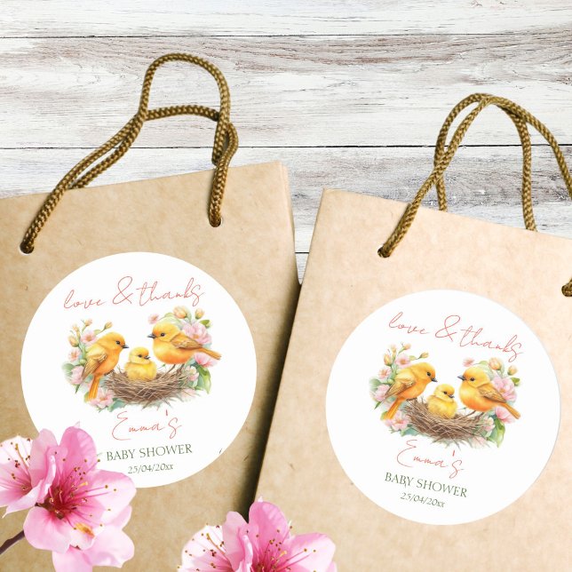 Little birdie hatching soon baby shower favour classic round sticker (Little birdie hatching soon spring baby shower thank you favor sticker cute yellow canary birds nest)