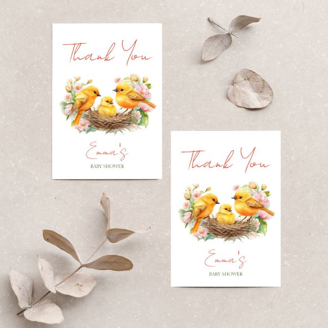 Little birdie hatching soon spring baby shower  thank you card (Little birdie hatching soon spring baby shower thank you card cute canary birds with baby chick)