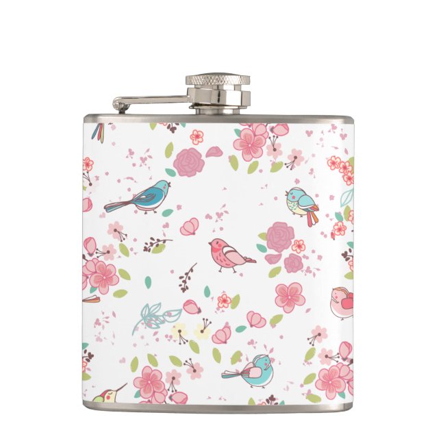 Little Birdie Pink and Blue Whimsical Girly Hip Flask (Front)