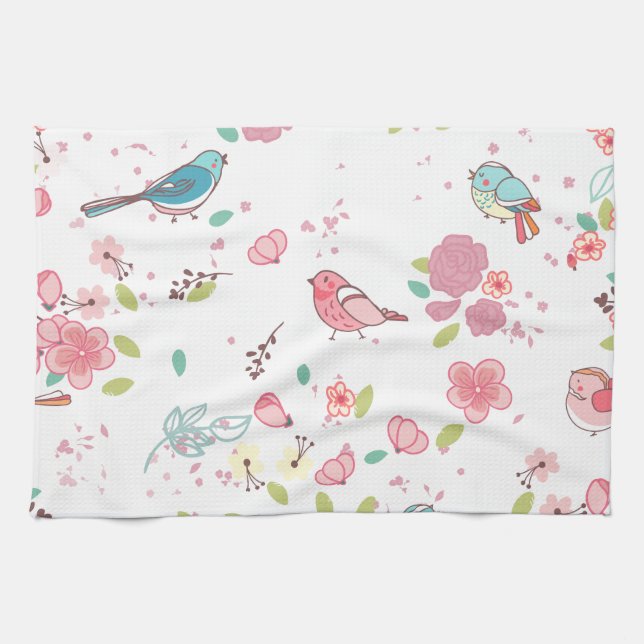 Little Birdie Pink and Blue Whimsical Girly Tea Towel (Horizontal)