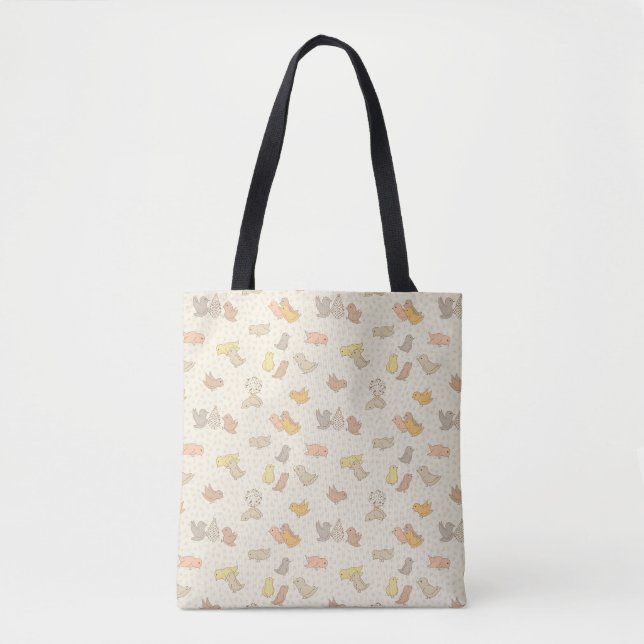 Little Birdies and feathers on beige - pattern.  Tote Bag (Front)