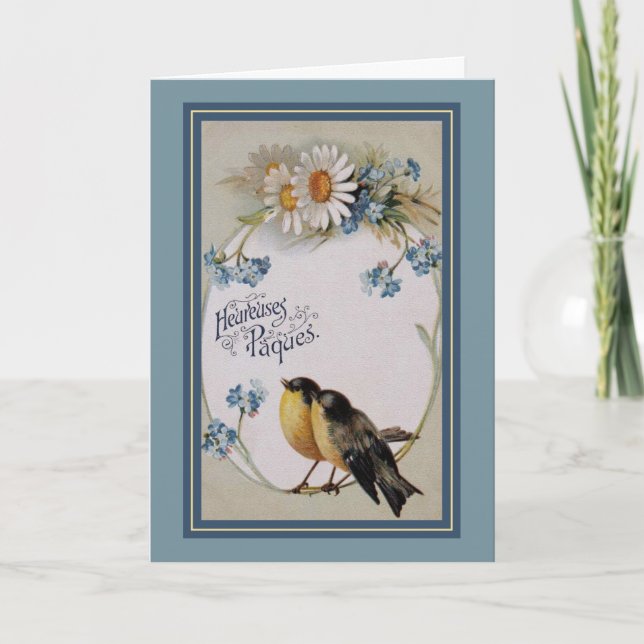 Little Birds and Daisies French Easter Greeting Holiday Card (Front)
