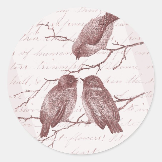 Little Birds Chatting on a Winter Branch Sepia Classic Round Sticker (Front)