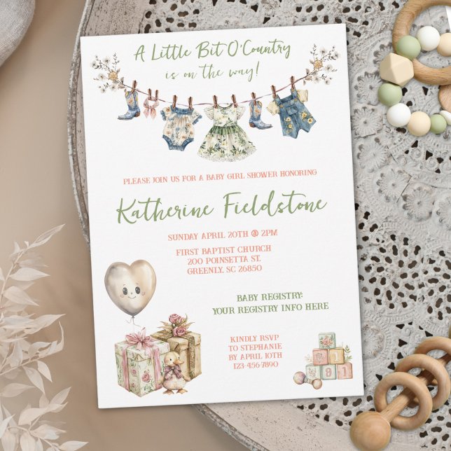 Little Bit Of Country Clothesline Baby Girl Shower Invitation (Creator Uploaded)