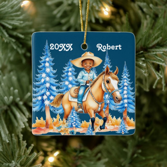 Little Black Boy On Horse Winter Scene Custom Name Ceramic Ornament (Tree)