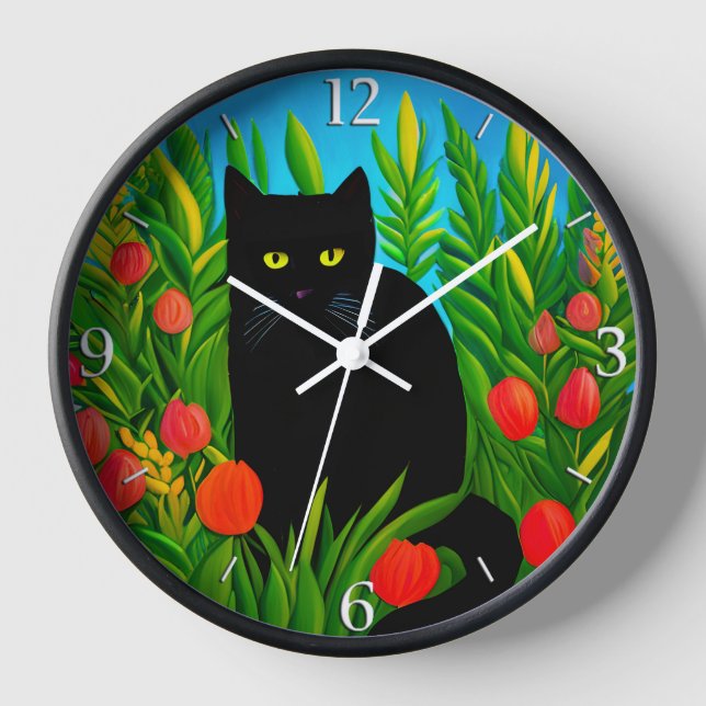 Little Black Cat in a Tulip Garden Clock (Front)