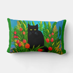 Little Black Cat in a Tulip Garden Lumbar Cushion