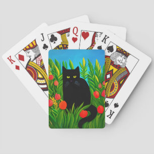 Little Black Cat in a Tulip Garden  Playing Cards